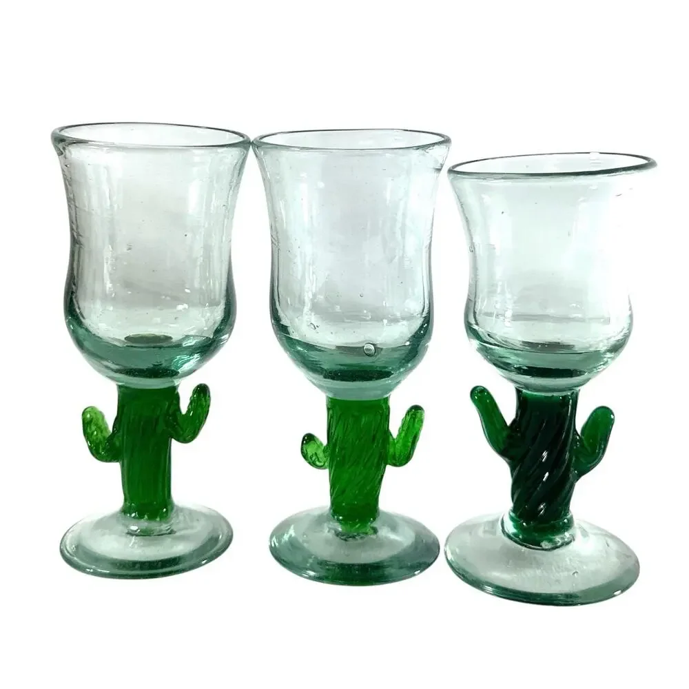 Vintage Hand Blown Glass Cactus Goblets Set of 3 Green Saguaro Mexican Style